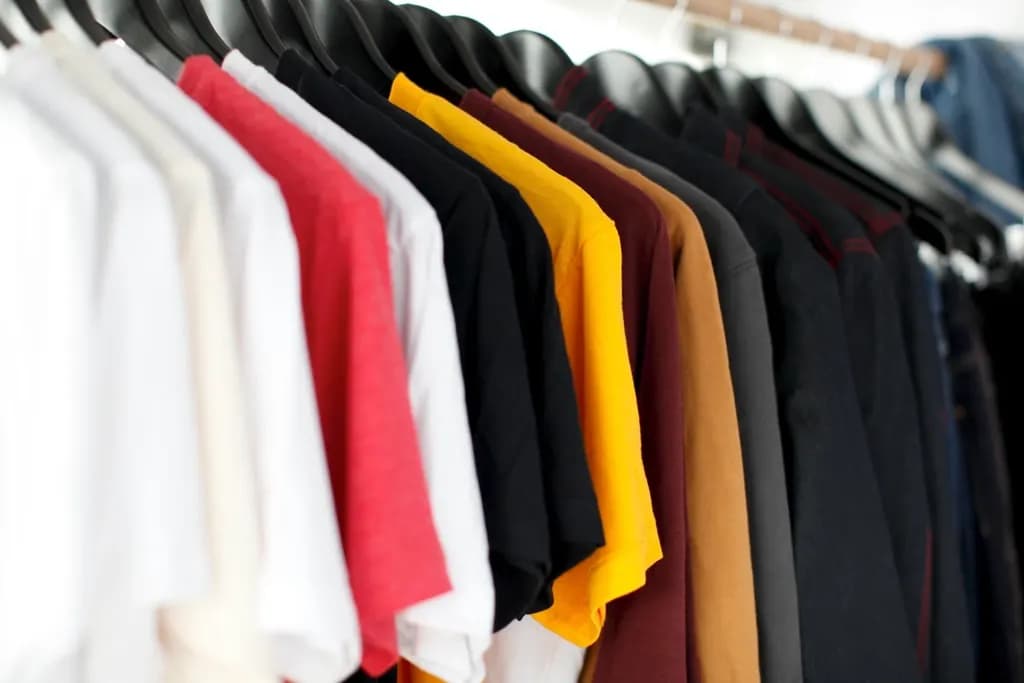 A rail of cotton t-shirts in several colours